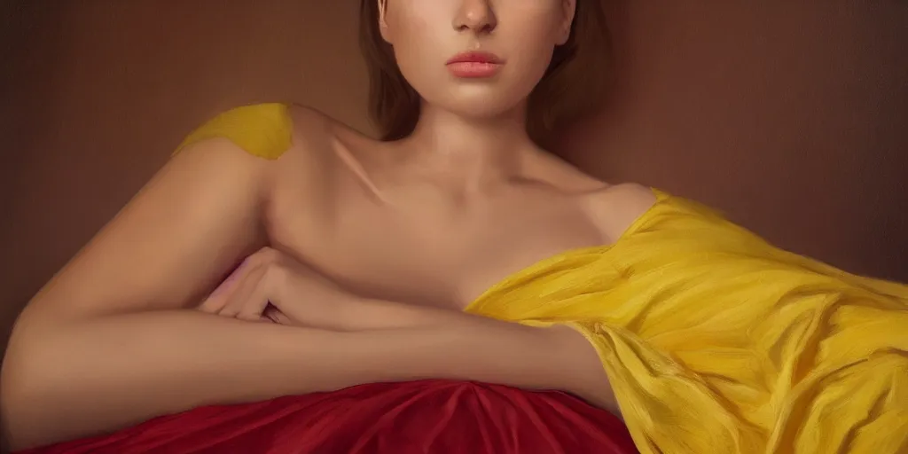 Image similar to beautiful oil matte portrait painting, young woman with closed eyes lying on a red bed sheet wearing a mustard yellow dress covered in rose petals, detailed face, wonderful masterpiece highly detailed, beautiful cinematic light deep focus, elegant, digital painting, smooth, sharp focus, golden ratio, dramatic illumination, ultra realistic, 8 k, art by jimmy law