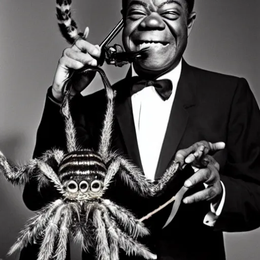 Image similar to louis armstrong winking and holding a giant hairy spider, professional photograph