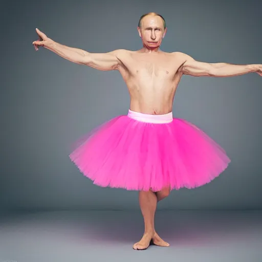 Prompt: vladimir putin wearing a pink tutu, professional studio photograph
