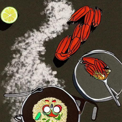 Prompt: A shrimp chef cooking rice in a pan, digital art