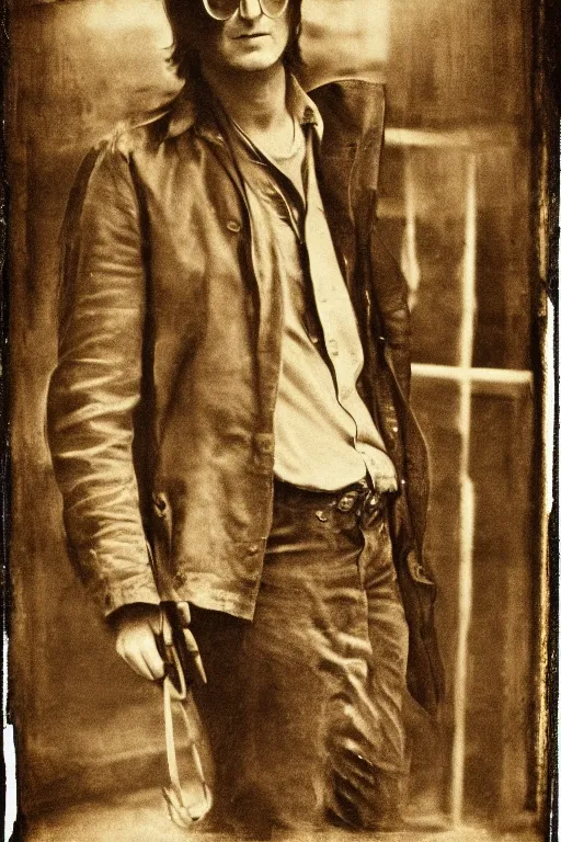 Prompt: john lennon, outlaw, full body, symmetrical features, silver iodide, 1 8 8 0 photograph, sepia tone, aged paper, sergio leone, master prime lenses, cinematic