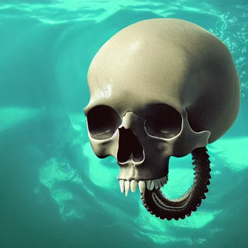 Prompt: skull of a pirate with tentacles protruding out at the bottom of the ocean