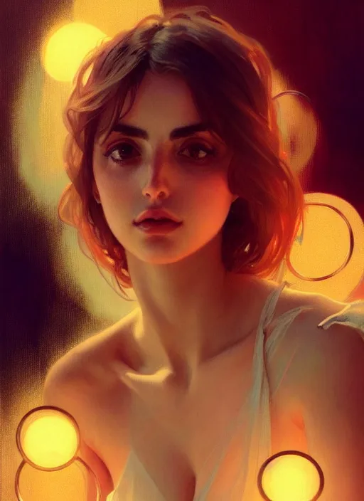 Image similar to portrait of ana del armas, intricate, elegant, glowing lights, highly detailed, digital painting, artstation, glamor pose, concept art, smooth, sharp focus, illustration, art by wlop, alphonse mucha and craig mullins