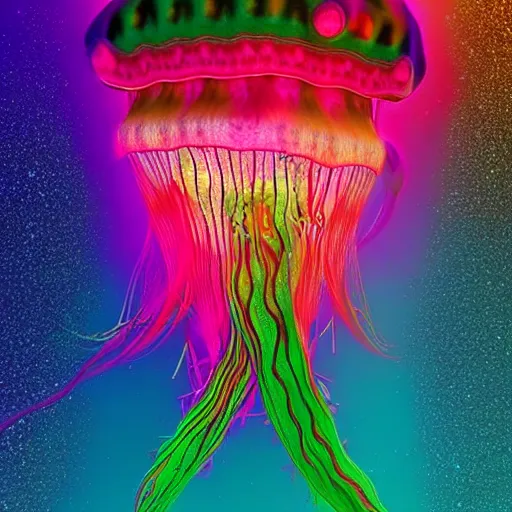 Prompt: beautiful psychedelic jellyfish in hyperspace, colorful fractal jellyfish, national geographic, beeple, m. c. escher, 3 d, deep sea photography