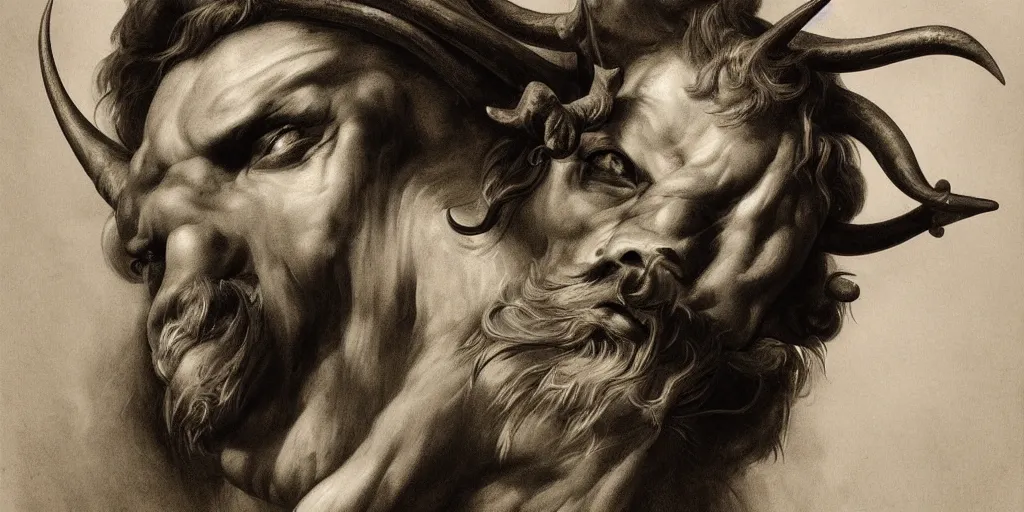 Prompt: highly detailed symetric black and white photography of a face with pointed horns, beautiful, dark, masterpiece, art by durero, goya, rubens, riccardo federici, roberto ferri, james jean, illustration
