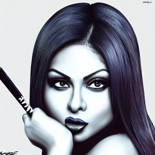 Prompt: portait of haifa wehbe, concept art, perfect lips, licking lollipop tongue, long hair centred, hd, very detailed curve, digital painting, unreal engine, amazing blue background theme