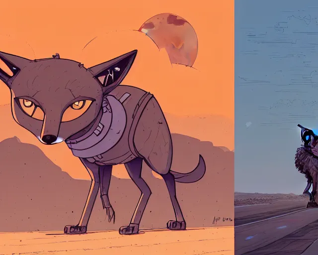 Image similar to a study of cell shaded cartoon of a mechanical coyote on a desert road, in front of a big moon illustration, wide shot, subtle colors, post grunge, concept art by josan gonzales and wlop, david rubin, mike mignola, laurie greasley, highly detailed, sharp focus, trending on artstation, hq, deviantart, art by artgem