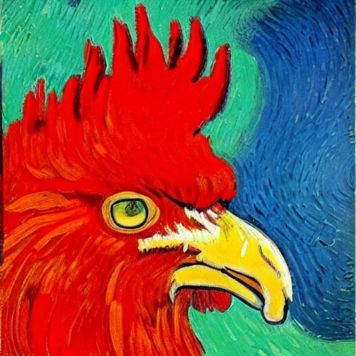 Prompt: bright red oil painting of a rooster, Vincent van Gogh