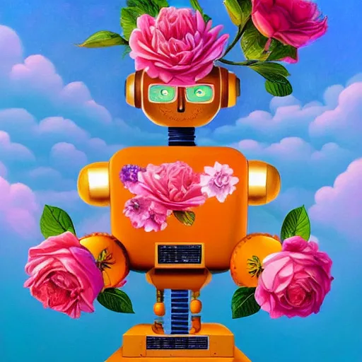 Image similar to a ultradetailed beautiful panting of a robot with flowers growing from the top, by alex gross, trending on artstation