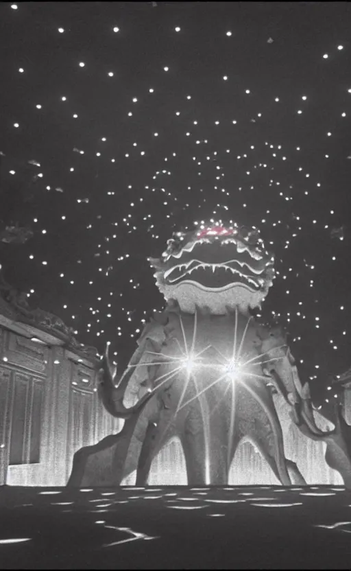 Image similar to light coming out of one starfish - like kaiju anthropomorphic monster, korean film noir by kim jong - il, korean traditional palace, pyongyang city, 1 9 6 0 s, red color bleed, 4 k, video compression, video glitch, monochrome, akira kurosawa, mamoru oshii, wes anderson, stanley kubrick