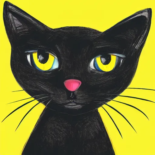 Prompt: Black cat on a yellow solid background. Pixar Style