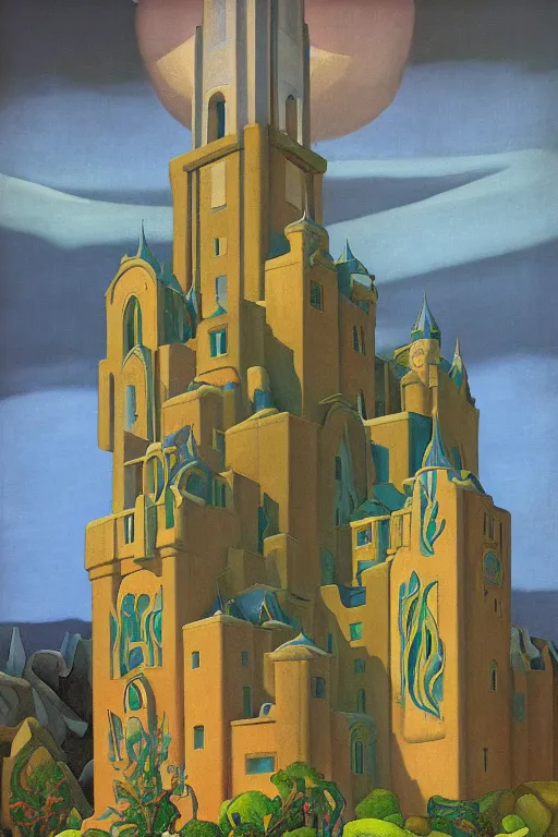 Image similar to view of the mysterious blue tower in its gardens after a storm, tall windows lit up, beautiful ornamental architecture, dramatic cinematic lighting, rich colors, by Nicholas Roerich and William Dyce and April Gornik and Sylvain Sarrailh and Ludwig Deutsch and Diego Rivera, fairytale illustration, featured on artstation