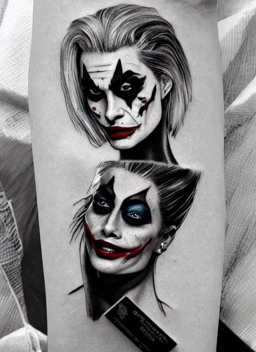 Prompt: tattoo design of beautiful margot robbie with joker makeup, holding an ace card, slight smile, in the style of den yakovlev, realistic face, black and white, realism tattoo, hyper realistic, highly detailed
