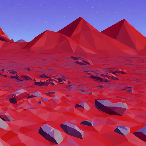 Image similar to tundra landscape with giant red low-poly structures floating in the sky