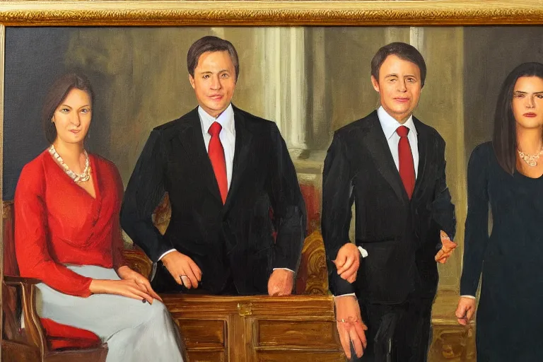 Image similar to official government portrait of a young, handsome prime minister and his two girlfriends, oil painting, 2 1 st century, official portrait, powerful, serious