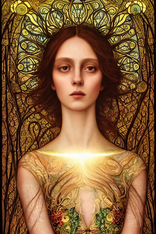 Prompt: full view realistic ethereal woman with big sparkling eyes and a glowing face, photorealistic, beautiful dress, holographic undertones, ornate art nouveau background elisabeth sonrel, iconography stained glass forest background, mystical oil on linen, award winning, dramatic lighting, intricate details, realistic, full view, artstation, cg