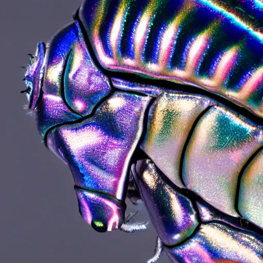 Prompt: abstract iridescent metallic giant isopod. top view. white background. long shot. centered in frame