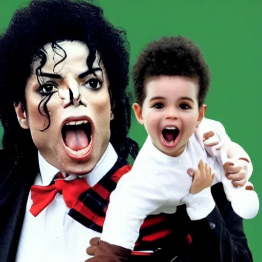 Prompt: michael jackson scream holding a baby on top of tower