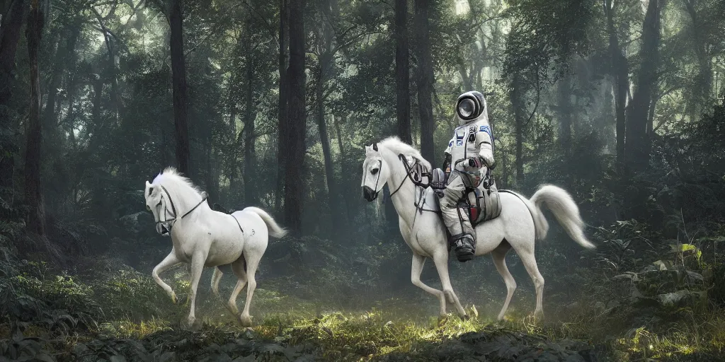 Image similar to american astronaut in an indian forest riding a beautiful white horse, plants environment, wide angle, cinematic lighting, atmospheric, ultrarealistic, trending on artstation, cgsociety, highly detailed, color graded, in the style of craig mullins, rendered in Unreal Engine 4k HQ, horizon forbidden west