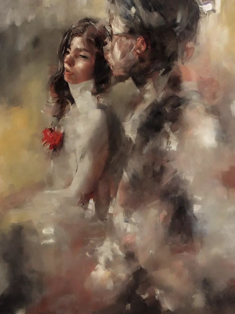 Prompt: spontaneous unfinished romantic portrait under painting, beautiful juicy brush strokes, alla prima, realist, by richard schmid and sargent, trending on cgsociety, red