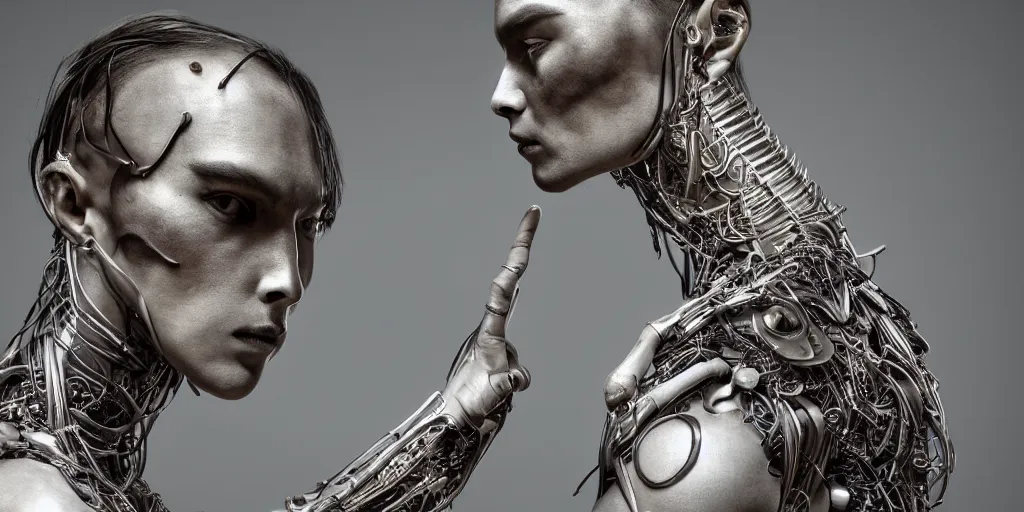 Image similar to hyper realistic photography of a stunningly beautiful cyborg male, neck, plated arm, intimate, holding close, ribbons, in the style of beth cavener, jin kagetsu,, and wlop, highly detailed, intricate filigree, symmetry, masterpiece, award winning, sharp focus, concept art, highkey lighting, ambient lighting, octane render, 8 k, artstation