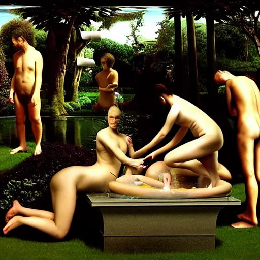 Image similar to hyperrealism photography computer simulation visualisation of parallel universe detailed bath in the garden in surreal scene from art house futuristic movie by caravaggio