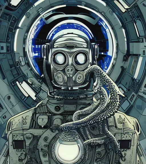 Image similar to a cybernetic realistic octopus in a space station, techwear, Industrial Scifi, detailed illustration, character portrait, by Martin Grip and Moebius