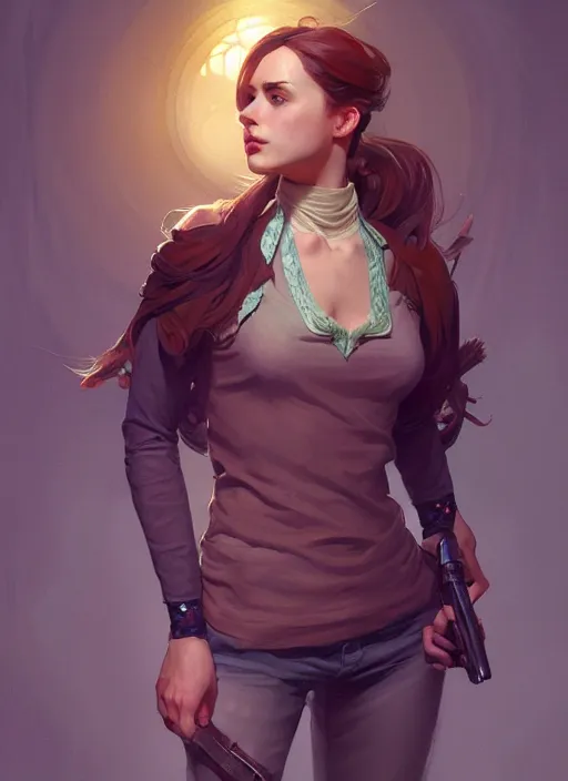 Image similar to portrait of a full body of beautiful young female detective, d & d, sleeveless turtleneck, fantasy, flat lighting, intricate, highly detailed, digital painting, artstation, concept art, smooth, sharp focus, illustration, art by simon bisley and greg rutkowski and alphonse mucha, natural tpose