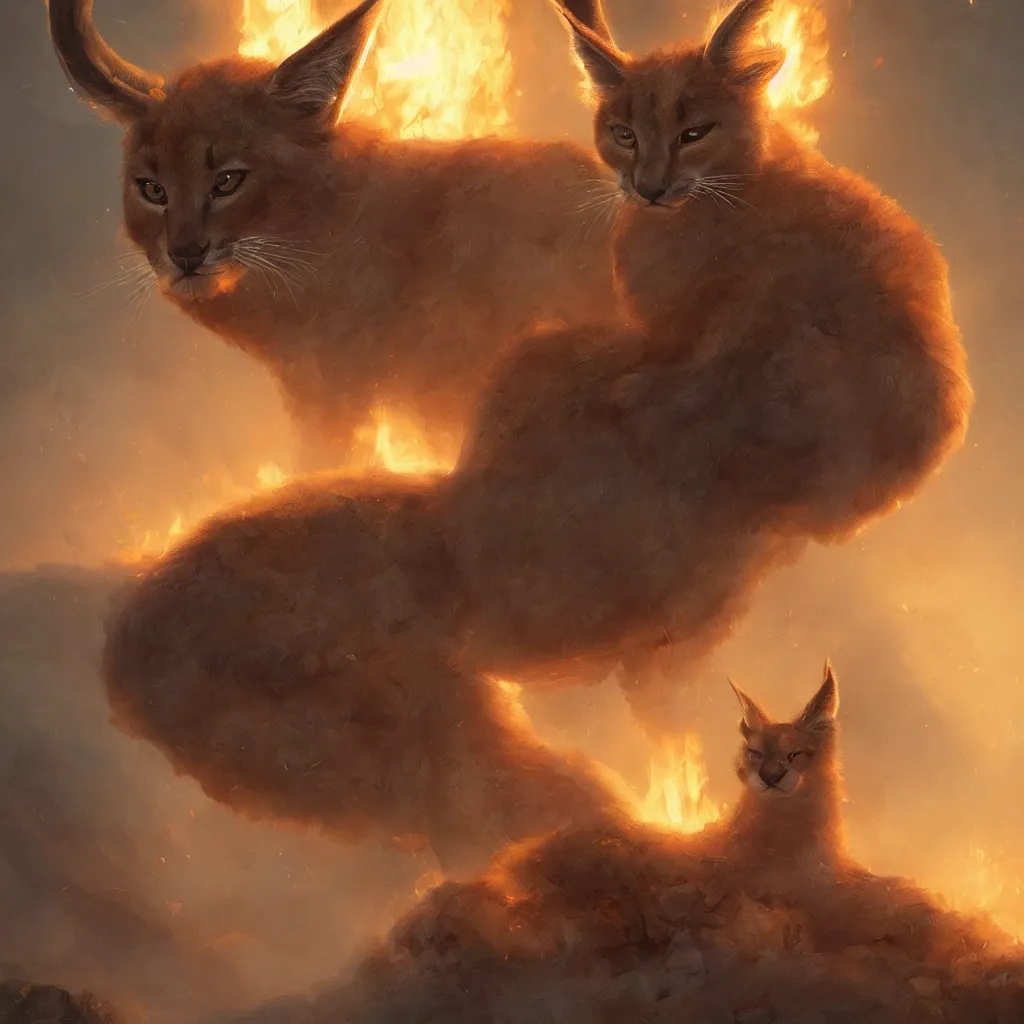 Prompt: many cute fluffy caracals, fire, magic, fantasy epic legends stylized digital illustration radiating a glowing aura global illumination ray tracing hdr fanart arstation, 8 k, art by greg rutkowski