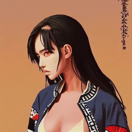 Image similar to a beautiful young japanese natalie portman alluring gravure model, stylized concept art, wearing elegant designer bomber jacket and one piece bikini, bomber jacket with mesoamerican patterns, mesoamerican native street fashion, princess mononoke, painted by ilya kuvshinov aesthetic, gorgeous, stunning, alluring, attractive, artstation, pinterest, digital art