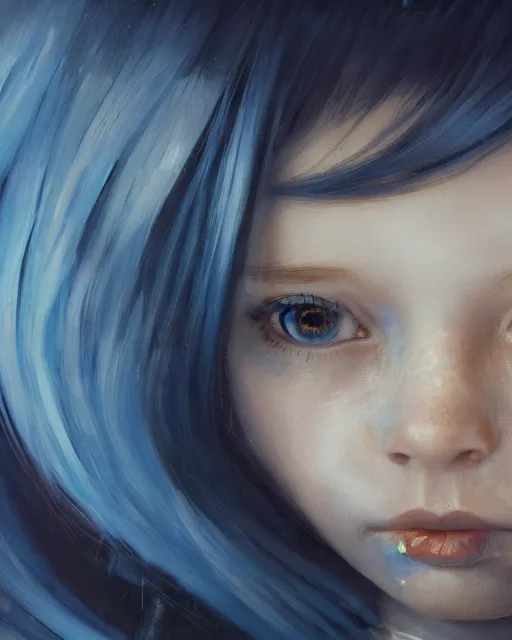 Image similar to a highly detailed oil painting of A little girl, in professional makeup, with medium length blue hair covering an eye, and a tall tree, and large obsidian crystals, cinematic lighting, dramatic atmosphere, by Dustin Nguyen, Akihiko Yoshida, Greg Tocchini, Greg Rutkowski, Cliff Chiang, 4k resolution, trending on artstation