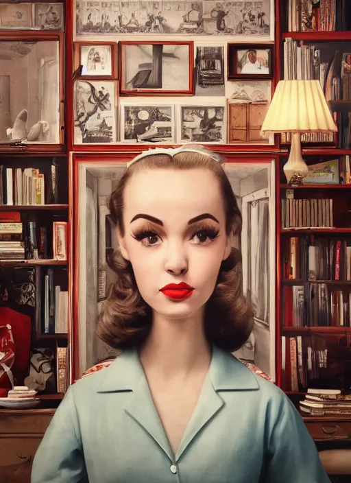 Image similar to wide - angle portrait of a retro 1 9 5 0 s living room, depth of field, zeiss lens, detailed, symmetrical, centered, fashion photoshoot, by nicoletta ceccoli, mark ryden, lostfish, breathtaking, 8 k resolution, extremely detailed, beautiful, establishing shot, artistic, hyperrealistic, octane render