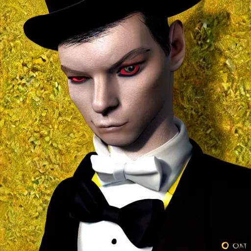 Image similar to a highly detailed portrait of a man in a high top hat covering his face, in a black tailcoat with a yellow waistcoat under the tailcoat, artstation, deviantart, professional, unreal engine 5, photorealistic