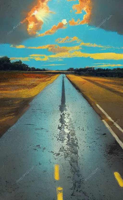 Image similar to paperback book cover. 1 9 6 0 s. pure colors, melting clouds, accurately drawn details, a sunburst above a receding road with the light reflected in furrows and ruts, after rain. photorealistic. octane render. cinematic. trending on artstation. textless.