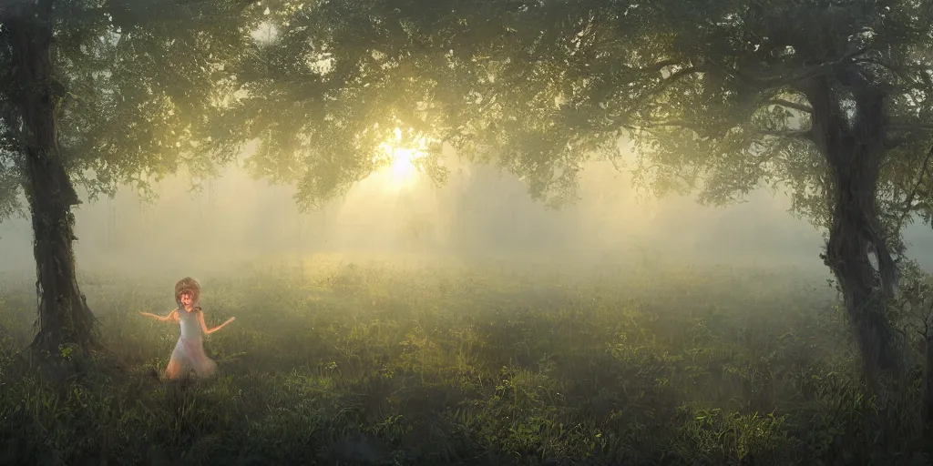 Image similar to misty swamp, hazy fog, sundown golden hour, early morning dance, fireflies and sparkling wisps, sun rays through trees, Lilia Alvarado, Sophie Anderson, Mark Arian, Bob Byerley, Charlie Bowater, Mark Brooks, Steve Henderson, Justin Gerard, Arthur Hughes, Edward Robert Hughes, Mark Keathley, Victor Nizovtsev, Carlos Shwabe, Ross Tran, WLOP