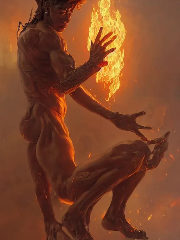 Prompt: humanoid fire elemental, male, fantasy, highly detailed, digital painting, artstation, concept art, smooth, elegant, sharp focus, illustration, art by artgerm and greg rutkowski and alphonse mucha