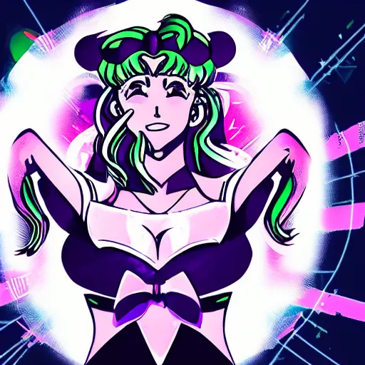 Image similar to portrait of sailor moon with arm tattoos, in the style of cyberpunk on the background of neon signs, symmetrical, single person