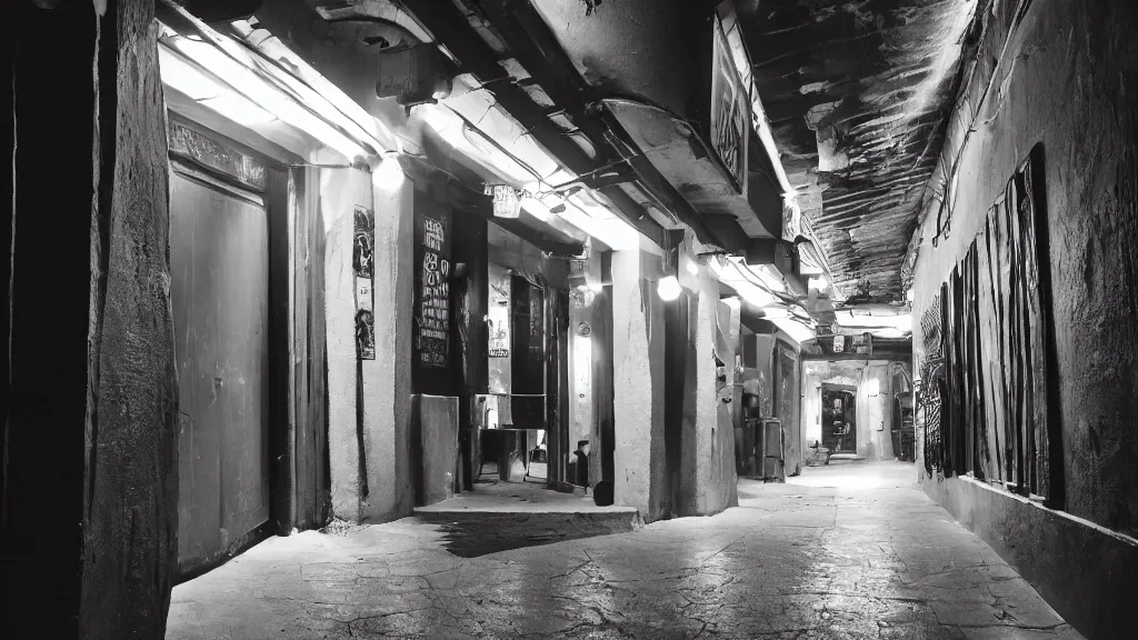 Prompt: detailed photograph of a gray extremely narrow nightclub hallway with a ( ( neon ) ) sign, aztec architecture, dimly lit