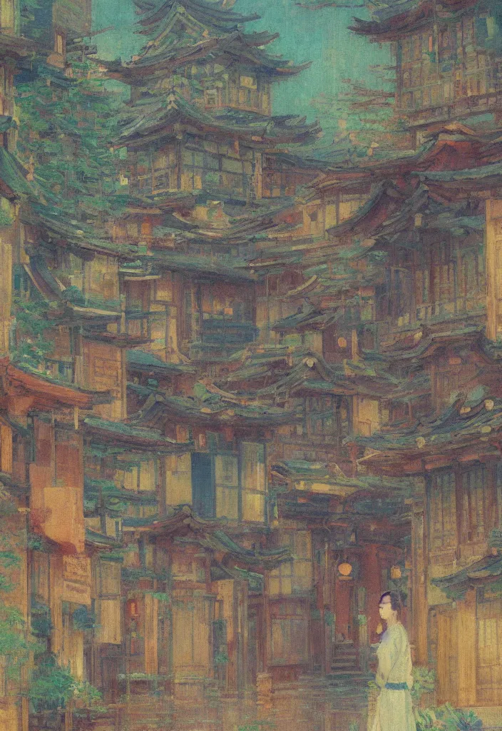 Image similar to a beautiful japanese city near the sea, amazing ryokans and gorgeous edo era houses, cyberpunk, lofi vibe, colorful, vivide colors, oil painting in impressionist style, by jeremy lipkin, by claude monet, by makoto shinkai, multiple brush strokes, inspired by ghibli, masterpiece, beautiful