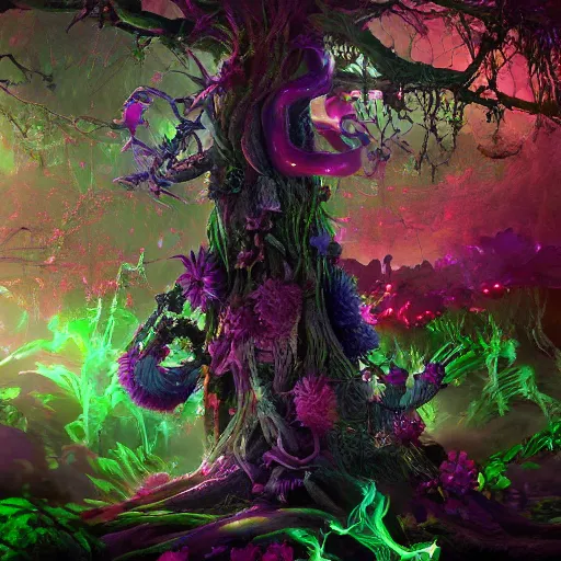 Image similar to a crazy chaotic small psychedelic surreal horror giant made of multicolored psychotropic hybrid of trees flowers, cybernetic beings and magical creatures in the chaotic spirit forest, fulcolor octane reminder, cinematic, ultra - realistic