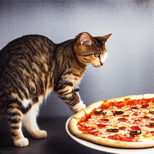 Prompt: studio photograph, a cat taking a pizza out of an oven