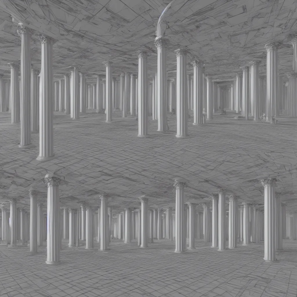 Image similar to a very large room with a lot of columns, a computer rendering by senior environment artist, polycount, deconstructivism, greeble, vray, vray tracing