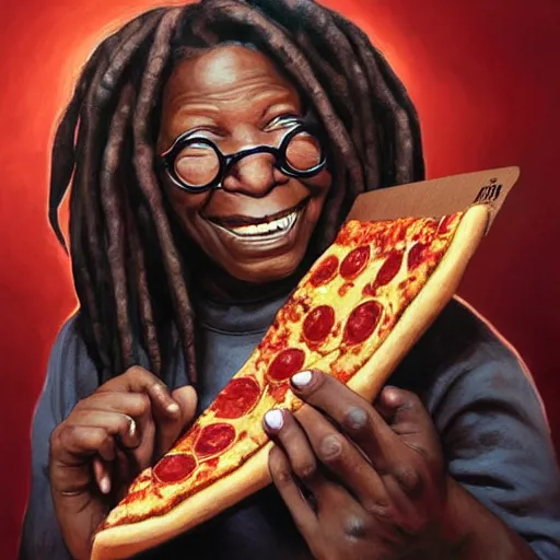 Image similar to portrait of whoopi goldberg opening his mouth to eat pizza, highly detailed, digital painting, artstation, concept art, sharp focus, illustration, art by artgerm and greg rutkowski and alphonse mucha