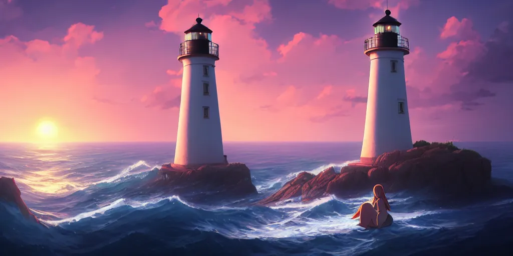 Premium Photo | Anime painting of a lighthouse with a red roof and a stone  building generative ai