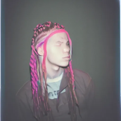 Image similar to a boy with colored dread hair in dark room flash, polaroid effect!!!