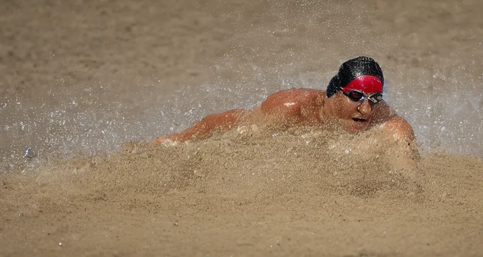 Image similar to olympic swimming in sand instead of water, extremely coherent, motion blur