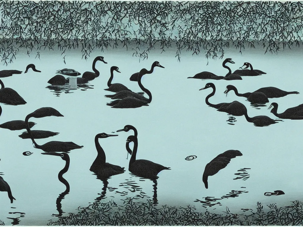 Image similar to black swans chilling in a lake that surrounded by forest, lake is light blue and sky is cloudy, by collaboration of M. C. Escher and Salvador Dali