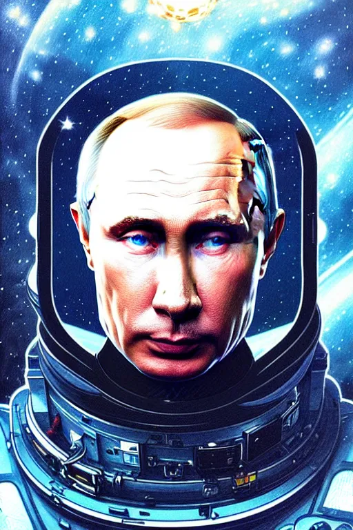 Image similar to Portrait of Putin in space, D&D, blue eyes, face, fantasy, intricate, elegant, highly detailed, digital painting, artstation, concept art, smooth, sharp focus, illustration, art by artgerm and greg rutkowski and alphonse mucha