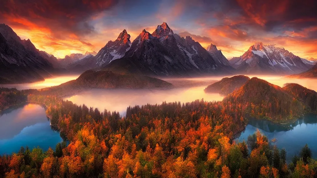 Image similar to amazing eagleview landscape photo of mountains with lake in sunset by marc adamus, beautiful dramatic lighting