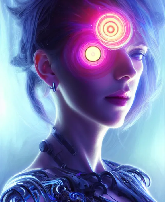 Image similar to a whirlwind of souls rushing inside the metaverse, hologram, half body, neurochip, shaved temple, piercing, jewelry, android, cyborg, cyberpunk face, by loish, d & d, fantasy, intricate, elegant, highly detailed, colorful, digital painting, artstation, concept art, art by artgerm and greg rutkowski and alphonse mucha